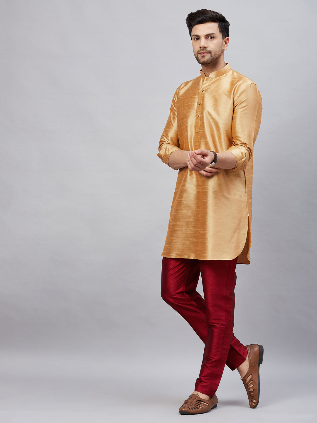 Men's Rose Gold And Maroon Cotton Blend Kurta Pyjama Set