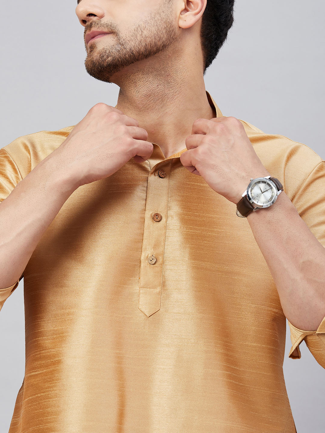 Men's Rose Gold And Maroon Cotton Blend Kurta Pyjama Set