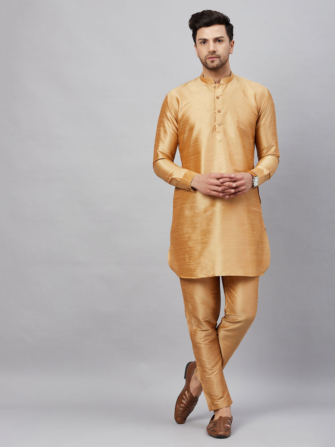 Men's Rose Gold And Rose Gold Cotton Blend Kurta Pyjama Set