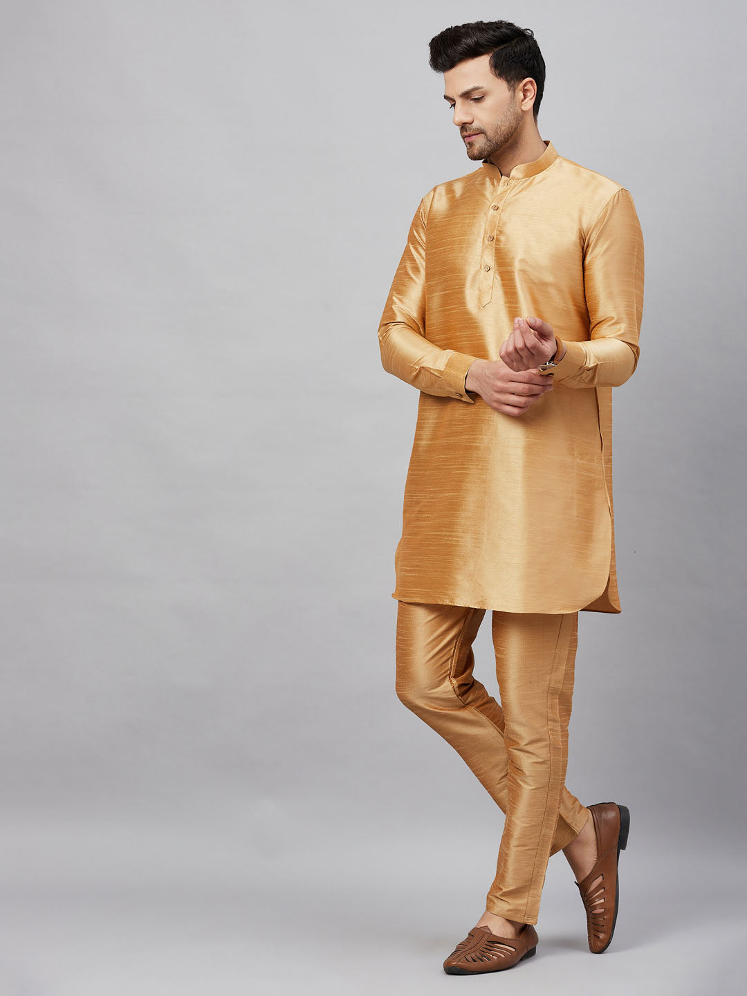 Men's Rose Gold And Rose Gold Cotton Blend Kurta Pyjama Set