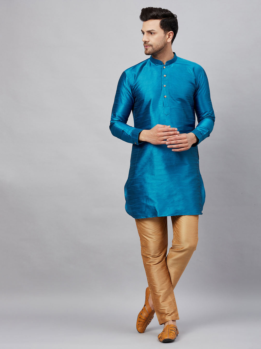 Men's Turquoise And Rose Gold Cotton Blend Kurta Pyjama Set