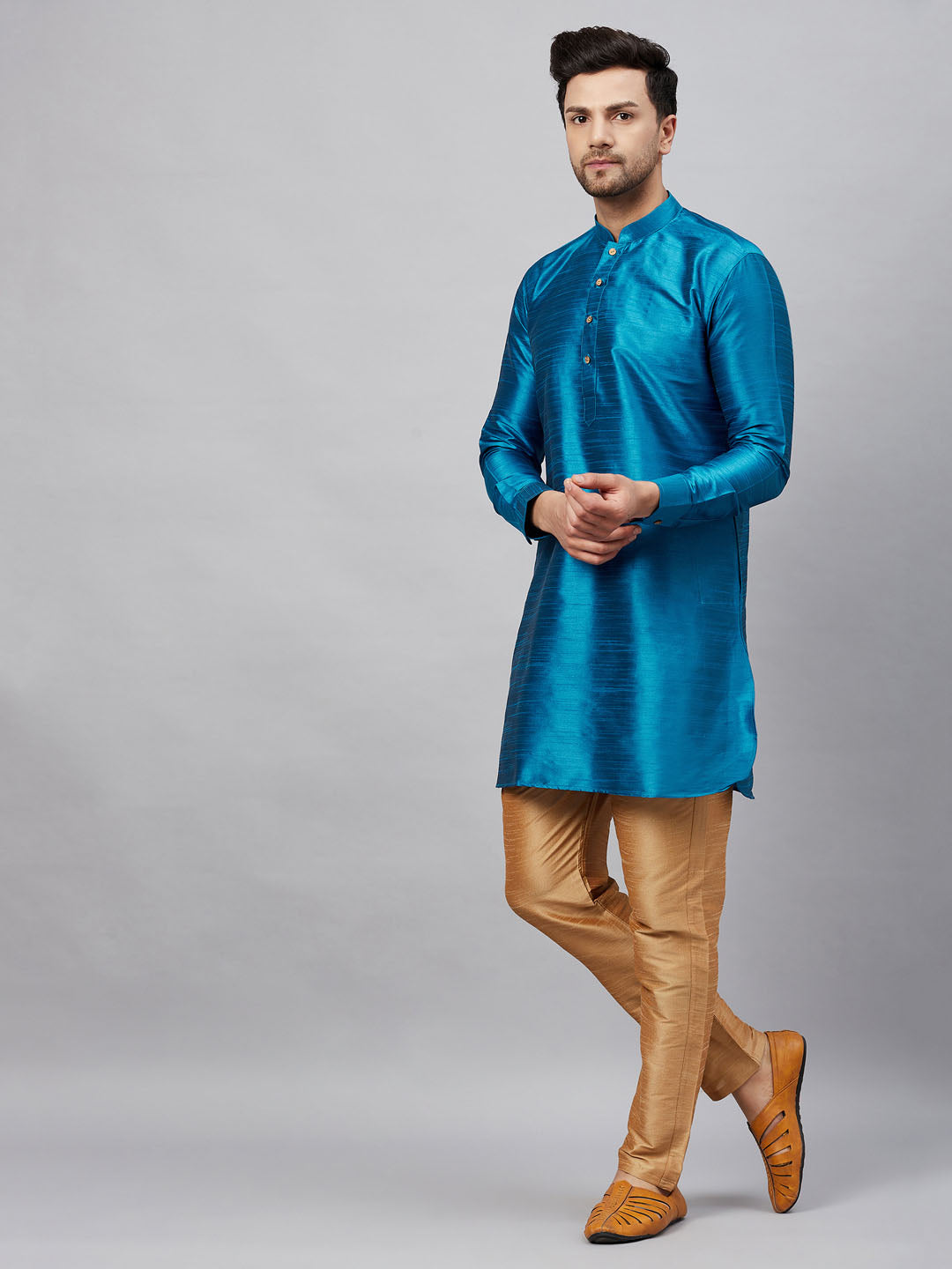 Men's Turquoise And Rose Gold Cotton Blend Kurta Pyjama Set