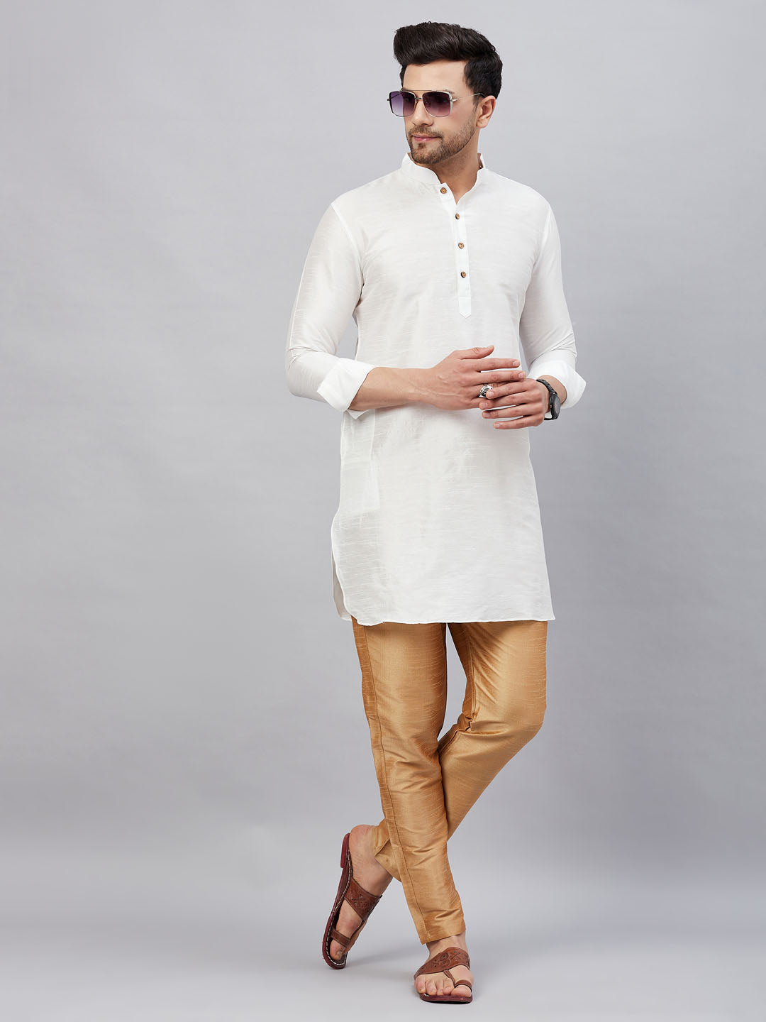 Men's White And Rose Gold Cotton Blend Kurta Pyjama Set