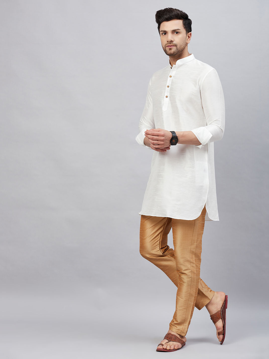 Men's White And Rose Gold Cotton Blend Kurta Pyjama Set