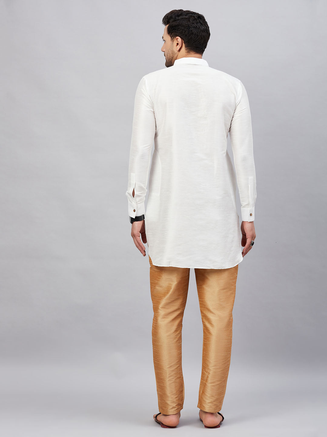 Men's White And Rose Gold Cotton Blend Kurta Pyjama Set