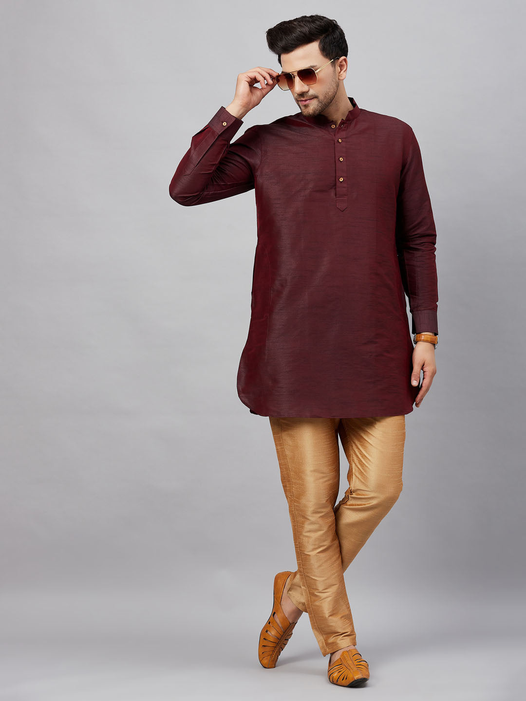 Men's Wine And Rose Gold Cotton Blend Kurta Pyjama Set