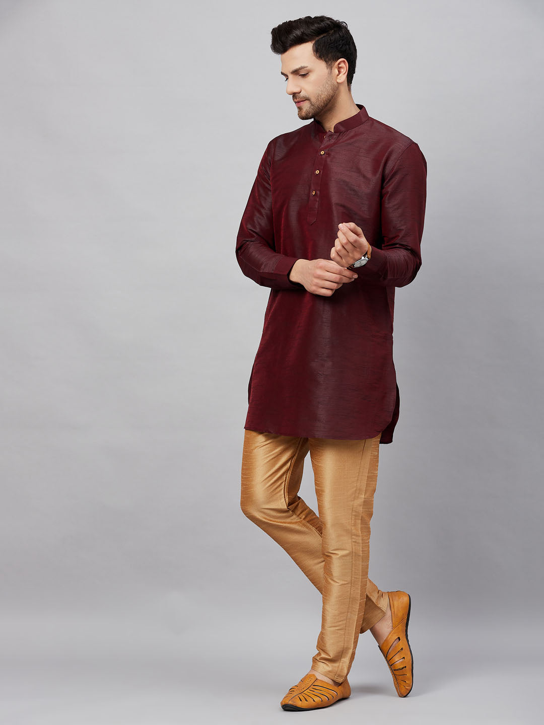 Men's Wine And Rose Gold Cotton Blend Kurta Pyjama Set