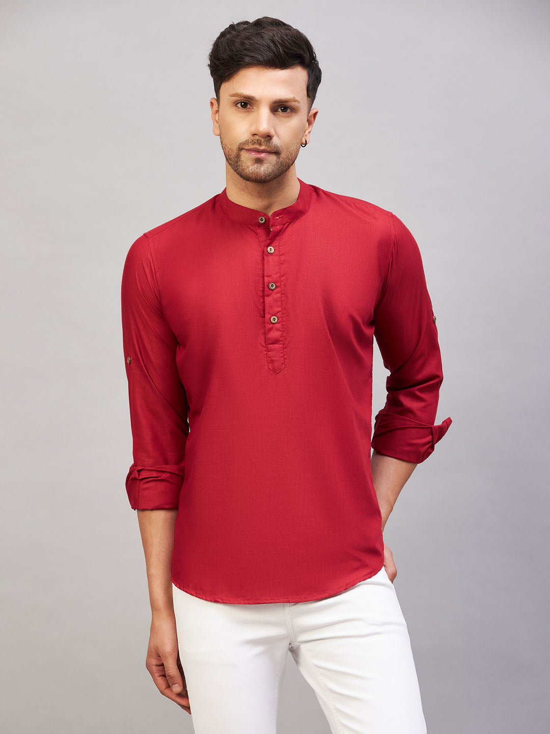 Men's Maroon Cotton Blend Kurta