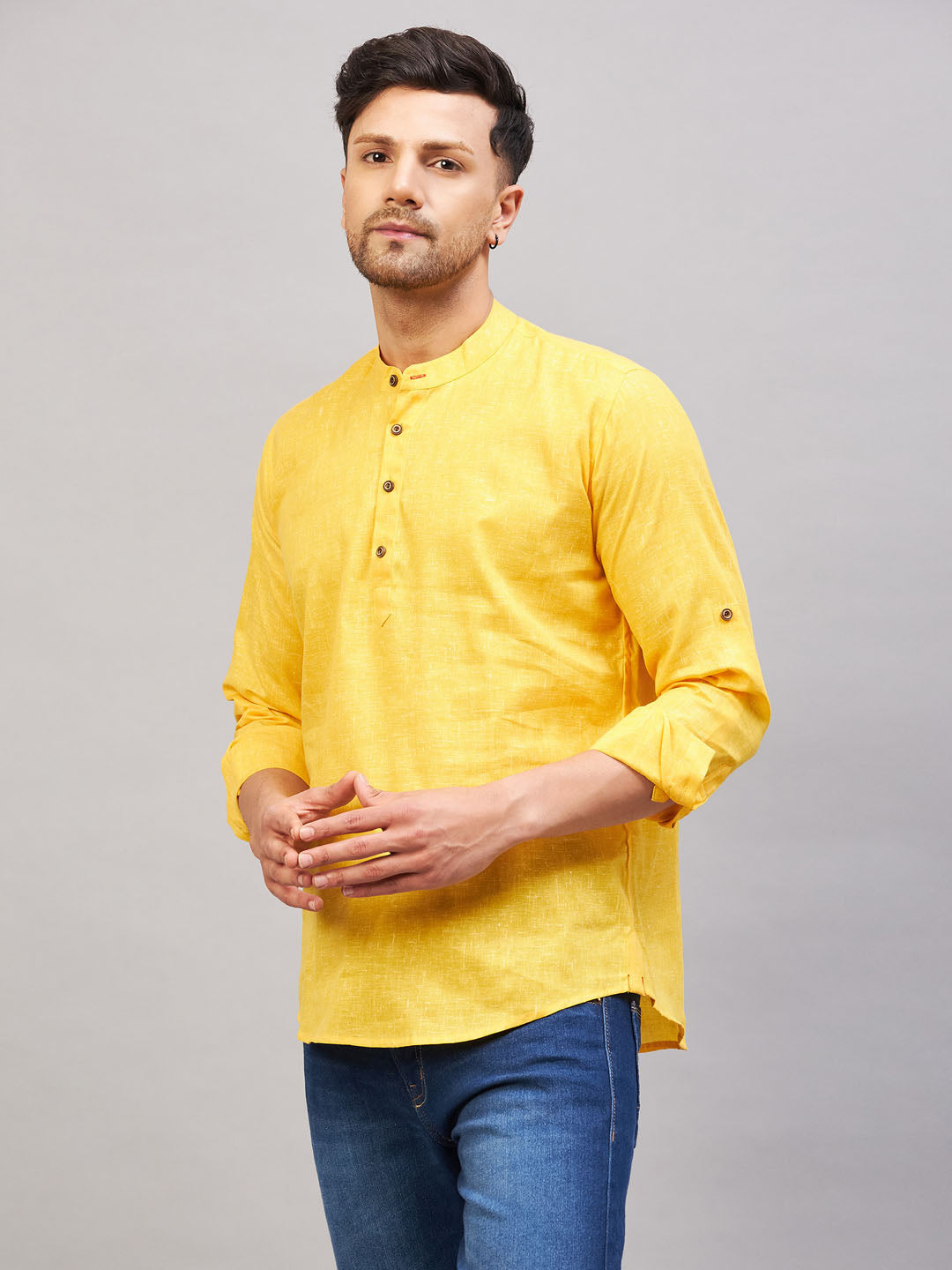 Men's Yellow Cotton Blend Kurta