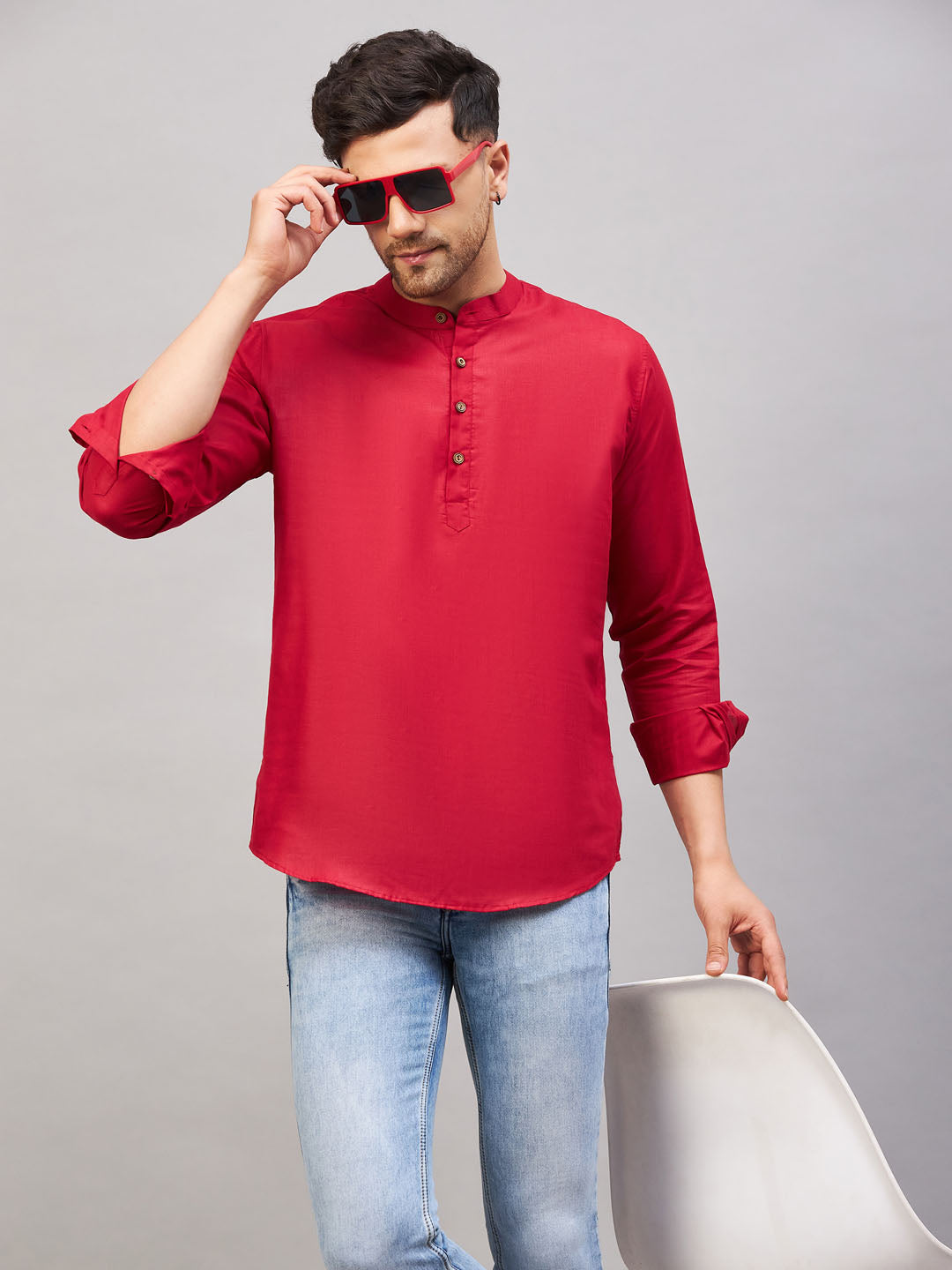 Men's Maroon Cotton Blend Kurta