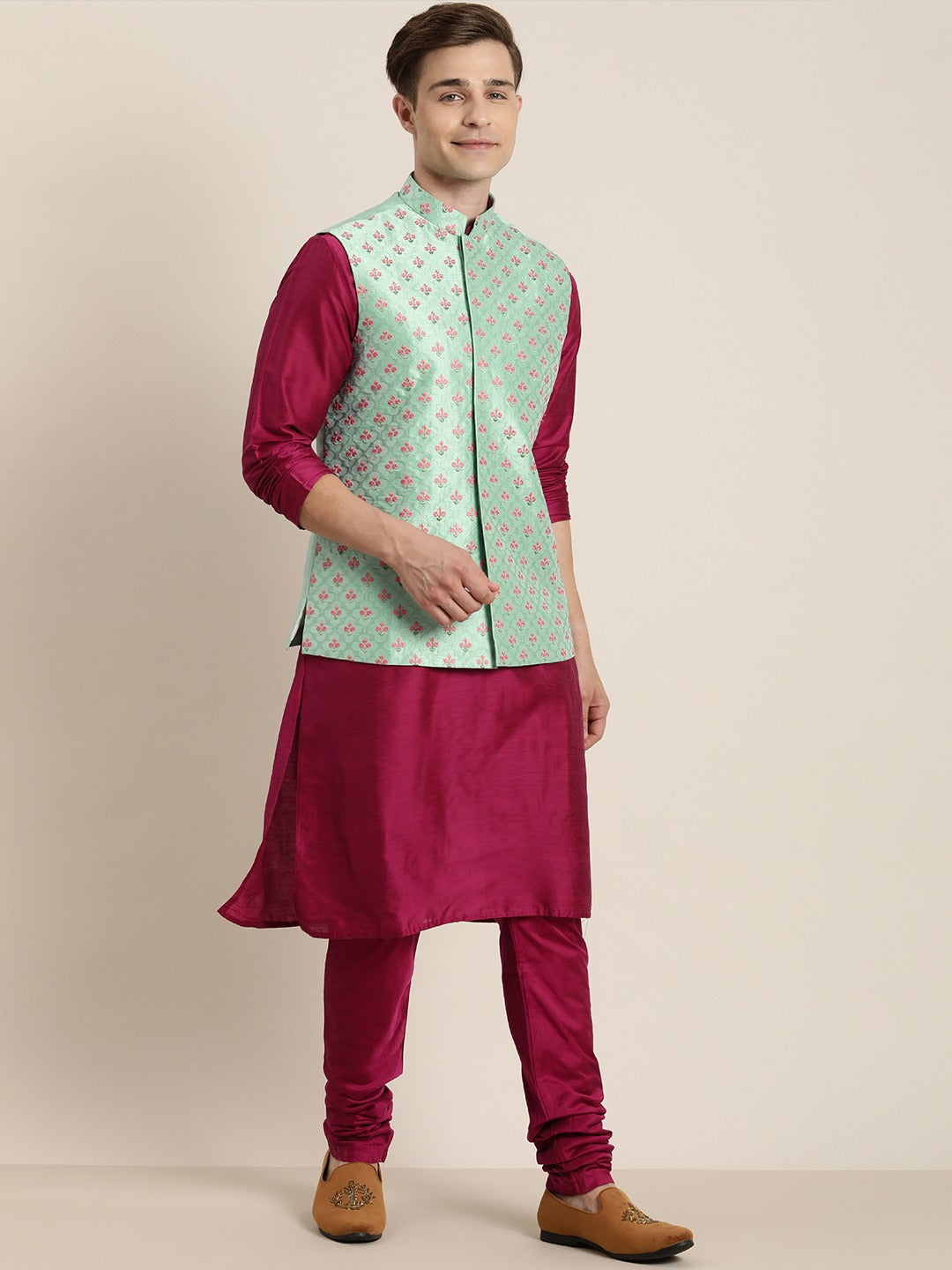 Men's Mint Green And Pink Poly viscose Jacket, Kurta and Pyjama Set