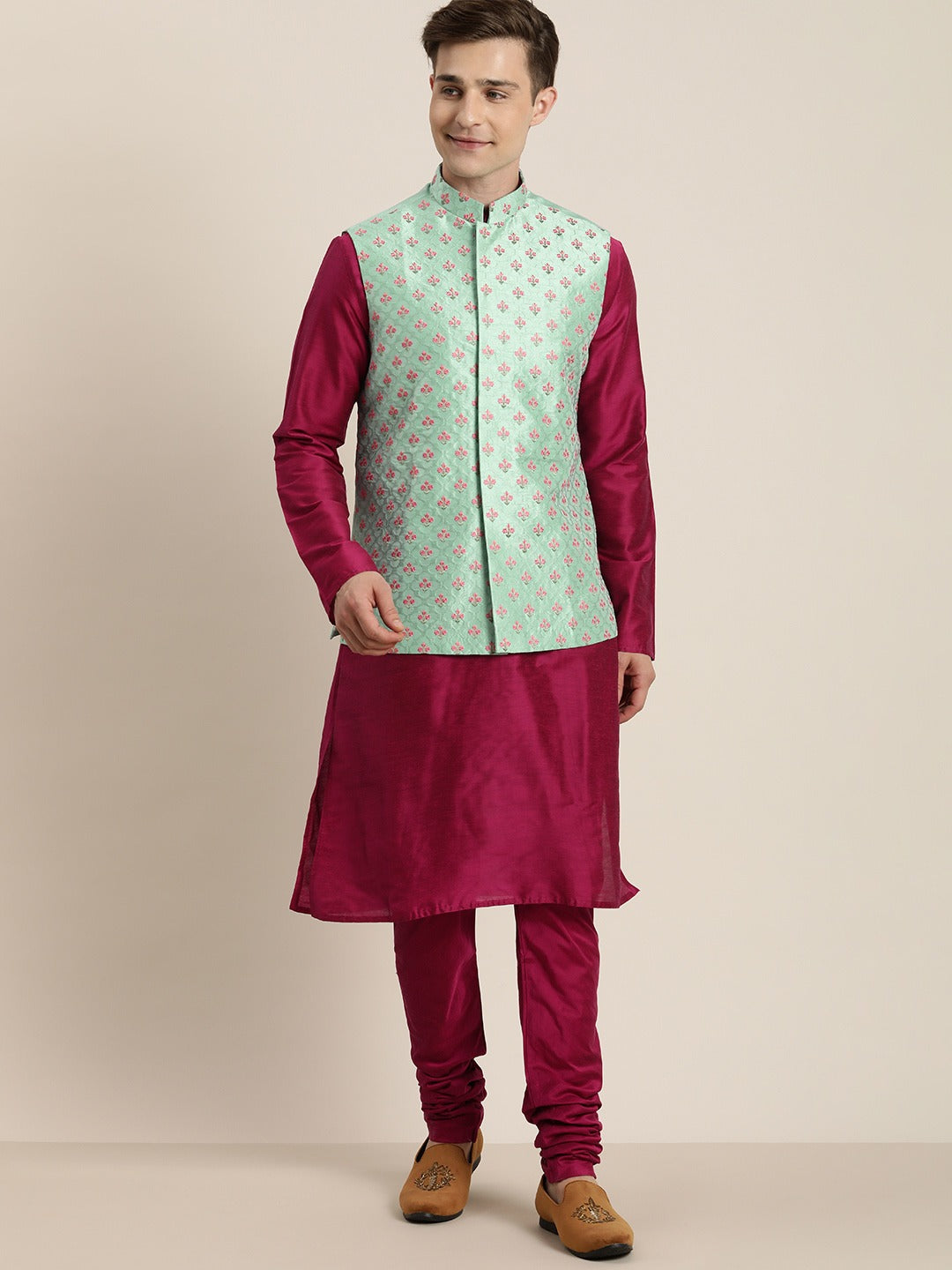 Men's Mint Green And Pink Poly viscose Jacket, Kurta and Pyjama Set