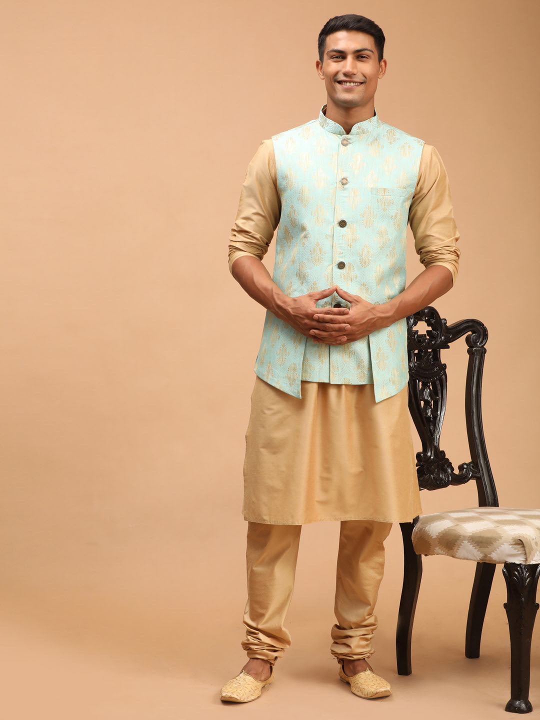 Men's Green And Rose Gold Viscose Jacket, Kurta and Pyjama Set