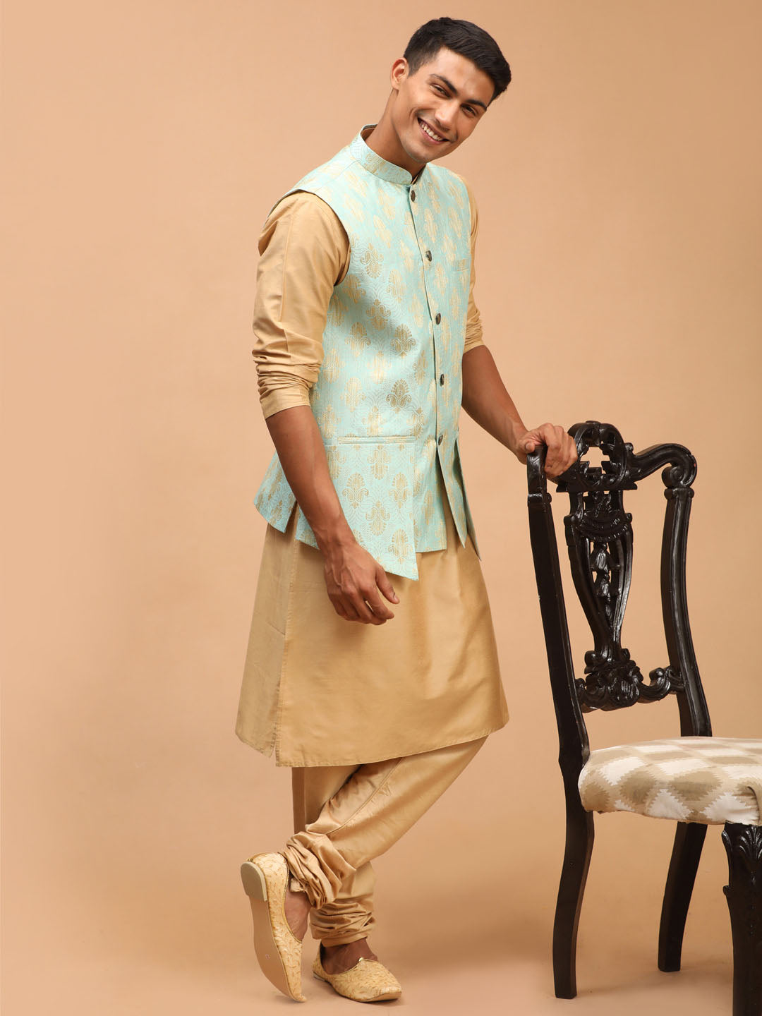 Men's Green And Rose Gold Viscose Jacket, Kurta and Pyjama Set