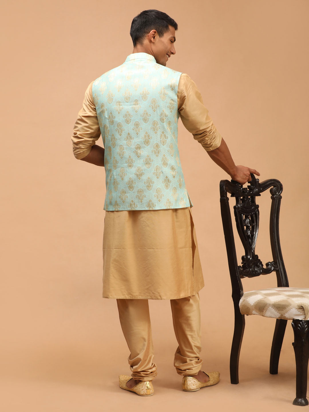 Men's Green And Rose Gold Viscose Jacket, Kurta and Pyjama Set