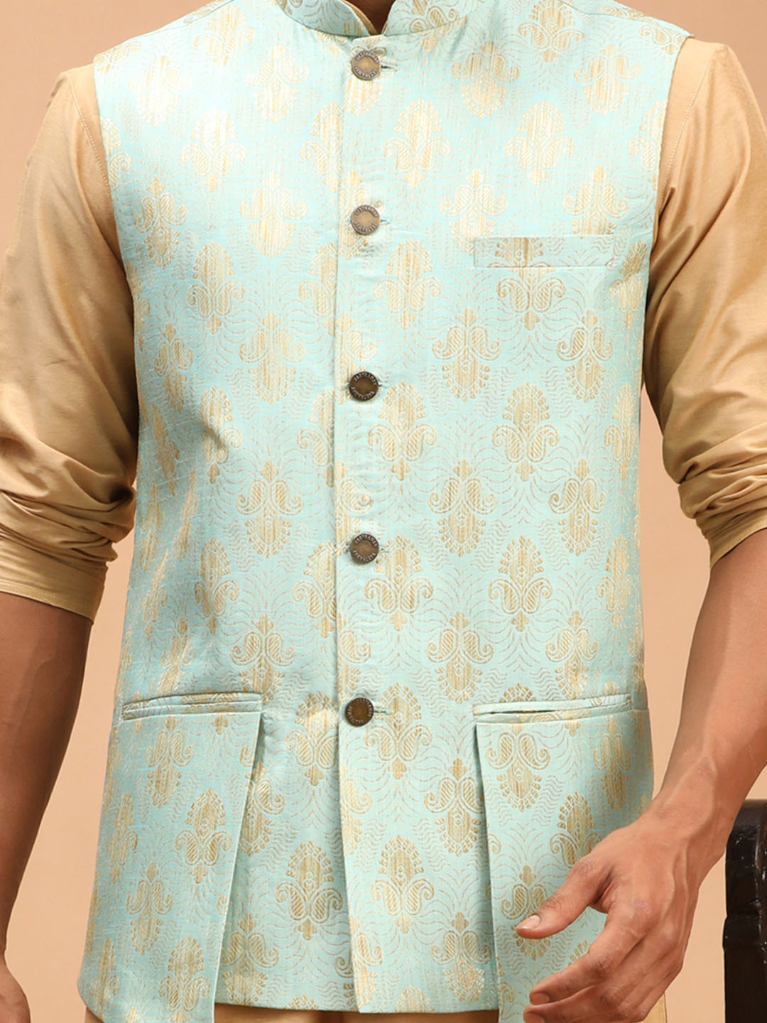 Men's Green And Rose Gold Viscose Jacket, Kurta and Pyjama Set