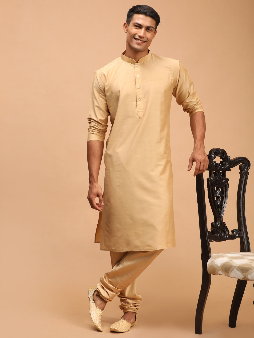 Men's Green And Rose Gold Viscose Jacket, Kurta and Pyjama Set