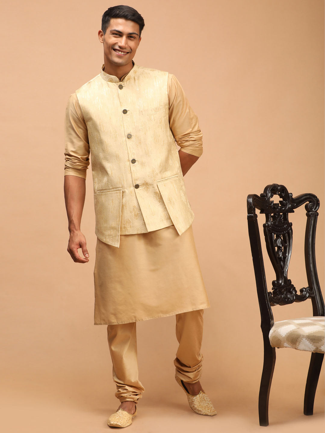 Men's Gold And Rose Gold Viscose Jacket, Kurta and Pyjama Set