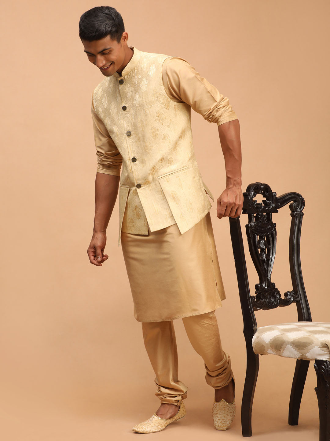 Men's Gold And Rose Gold Viscose Jacket, Kurta and Pyjama Set