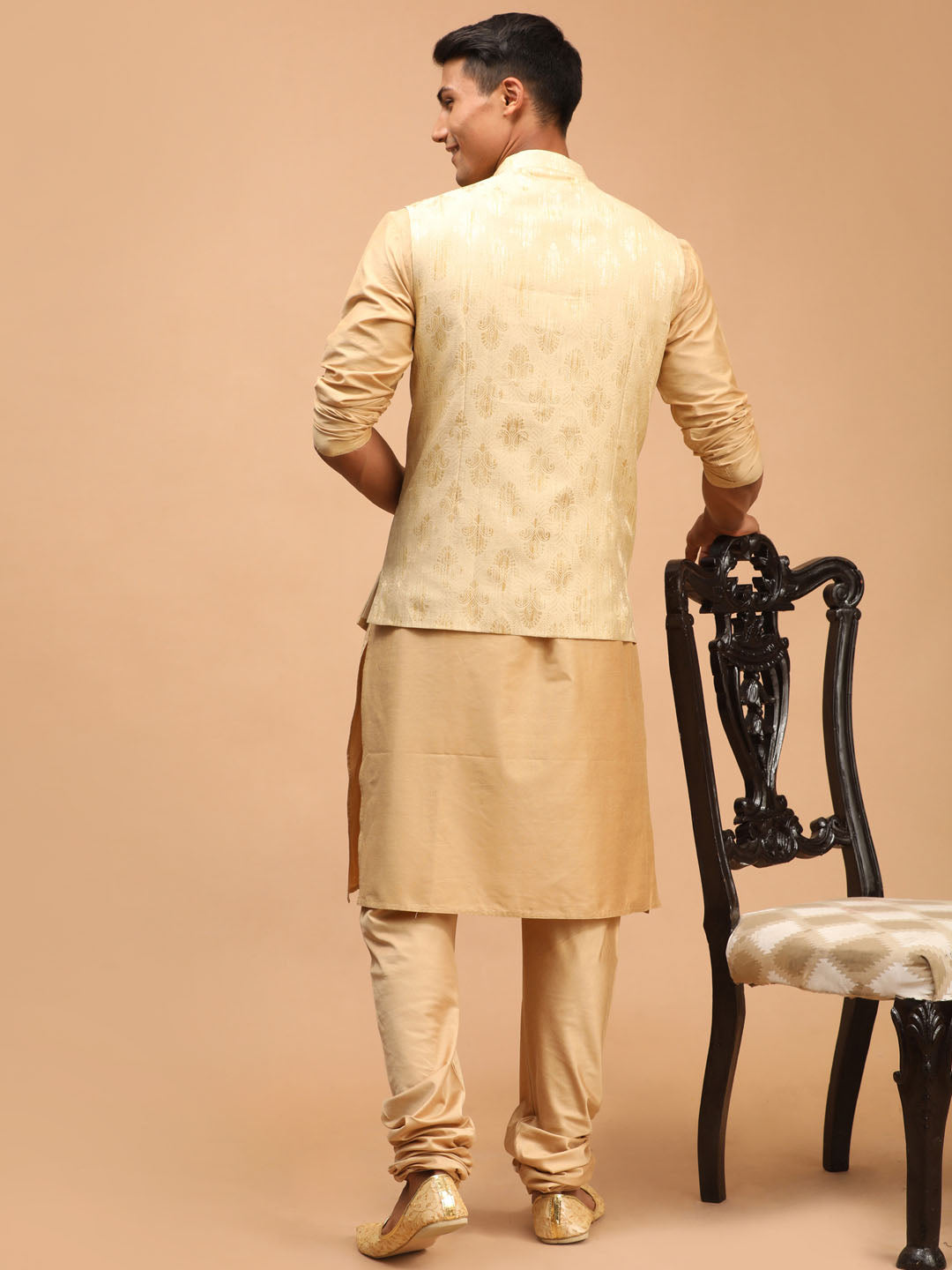 Men's Gold And Rose Gold Viscose Jacket, Kurta and Pyjama Set