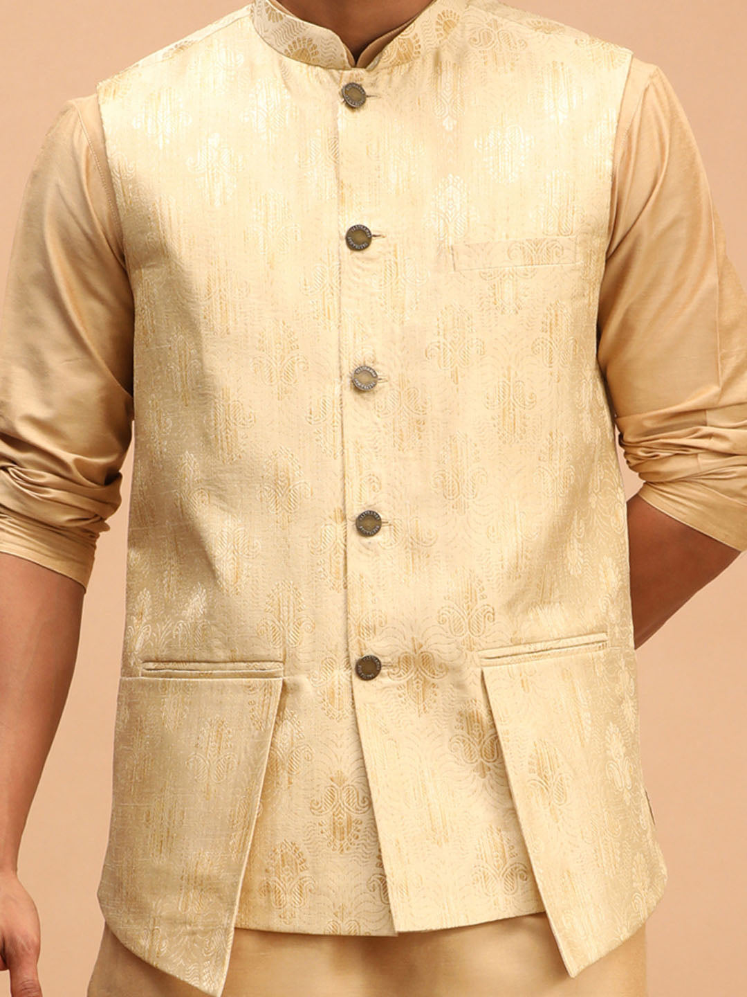 Men's Gold And Rose Gold Viscose Jacket, Kurta and Pyjama Set