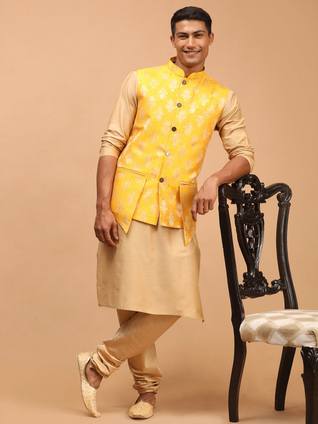 Men's Yellow And Rose Gold Viscose Jacket, Kurta and Pyjama Set