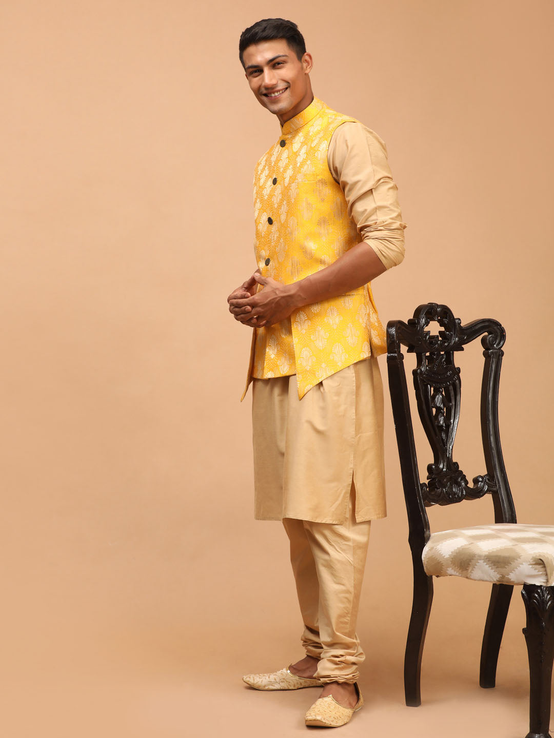 Men's Yellow And Rose Gold Viscose Jacket, Kurta and Pyjama Set