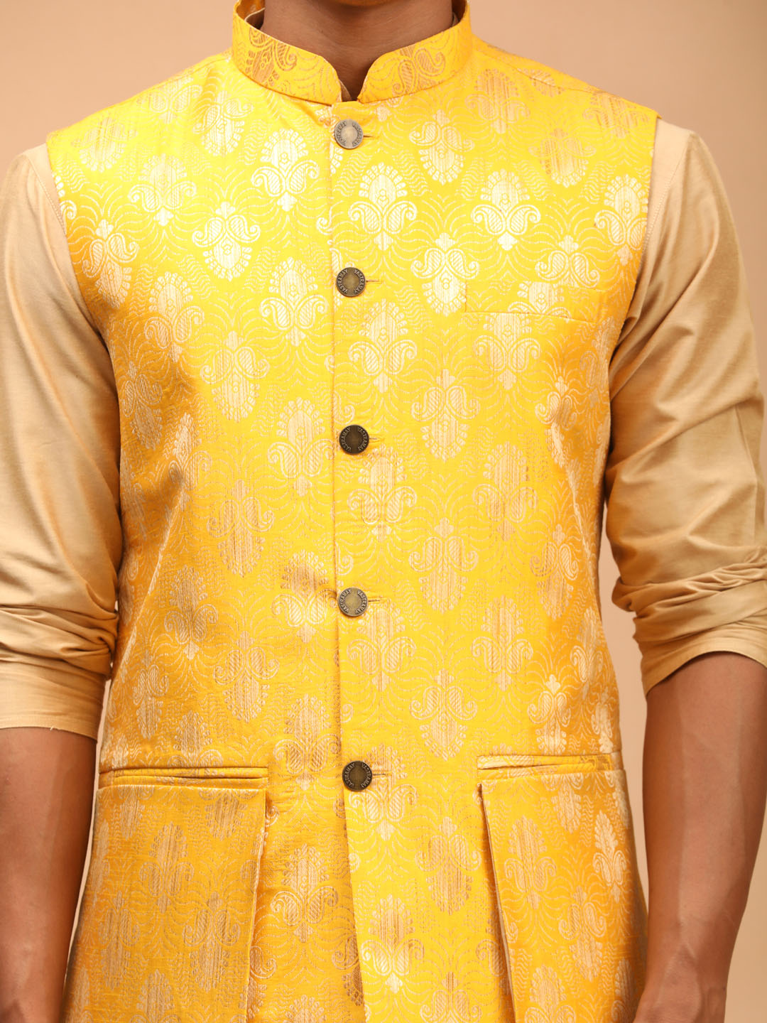 Men's Yellow And Rose Gold Viscose Jacket, Kurta and Pyjama Set