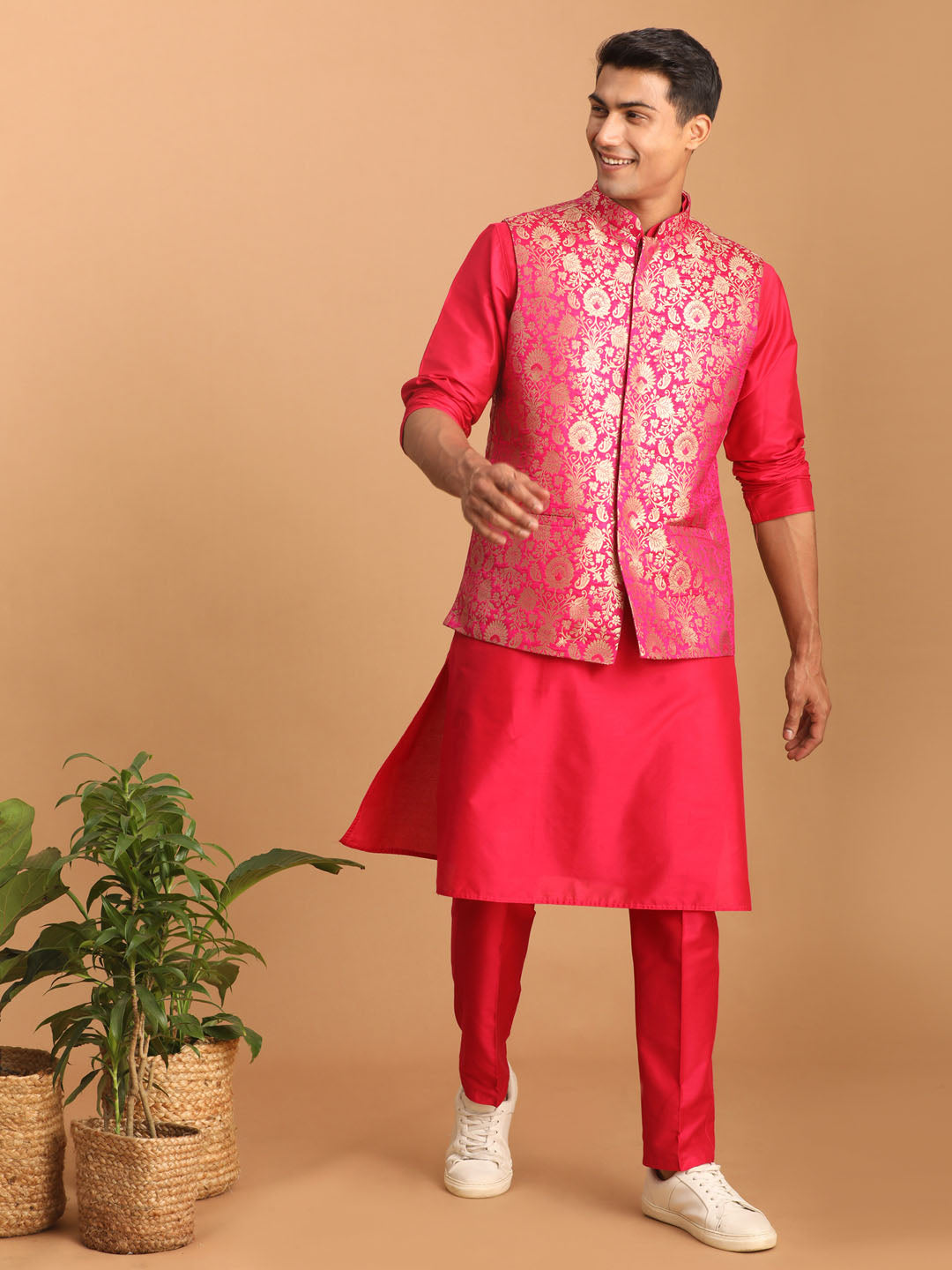 Men's Pink Viscose Jacket, Kurta and Pyjama Set