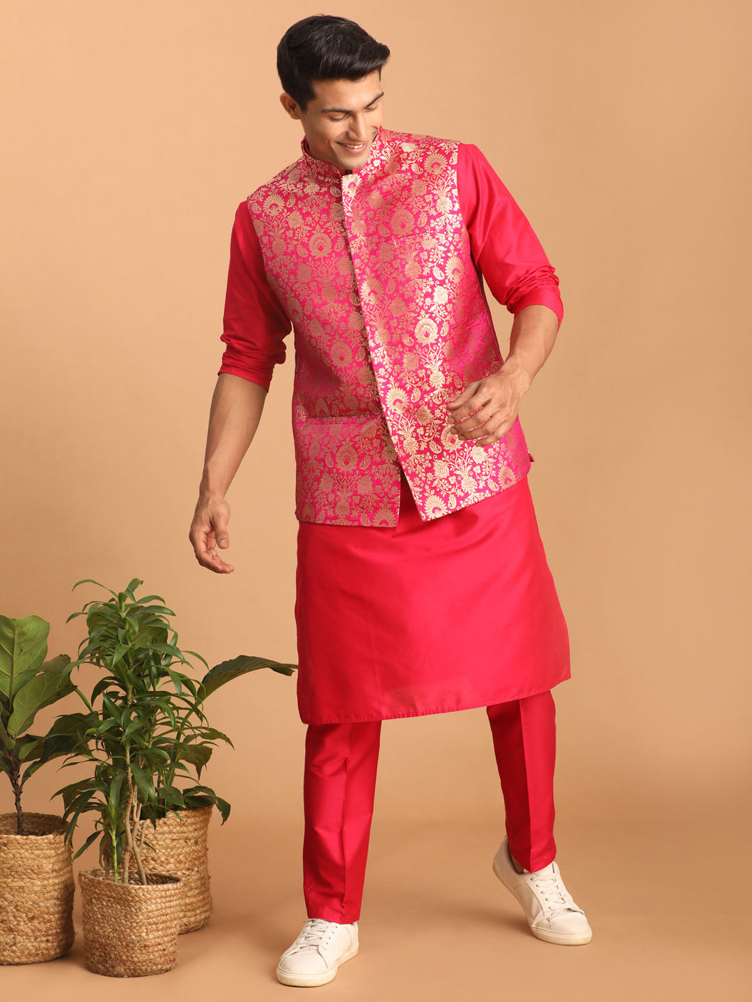 Men's Pink Viscose Jacket, Kurta and Pyjama Set