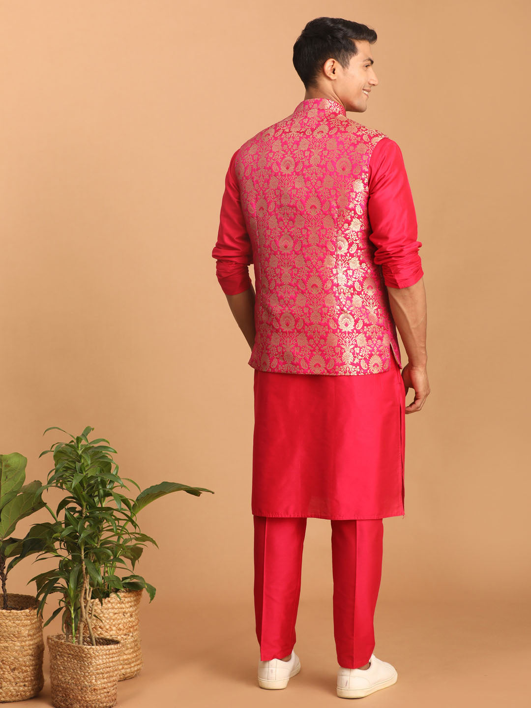 Men's Pink Viscose Jacket, Kurta and Pyjama Set