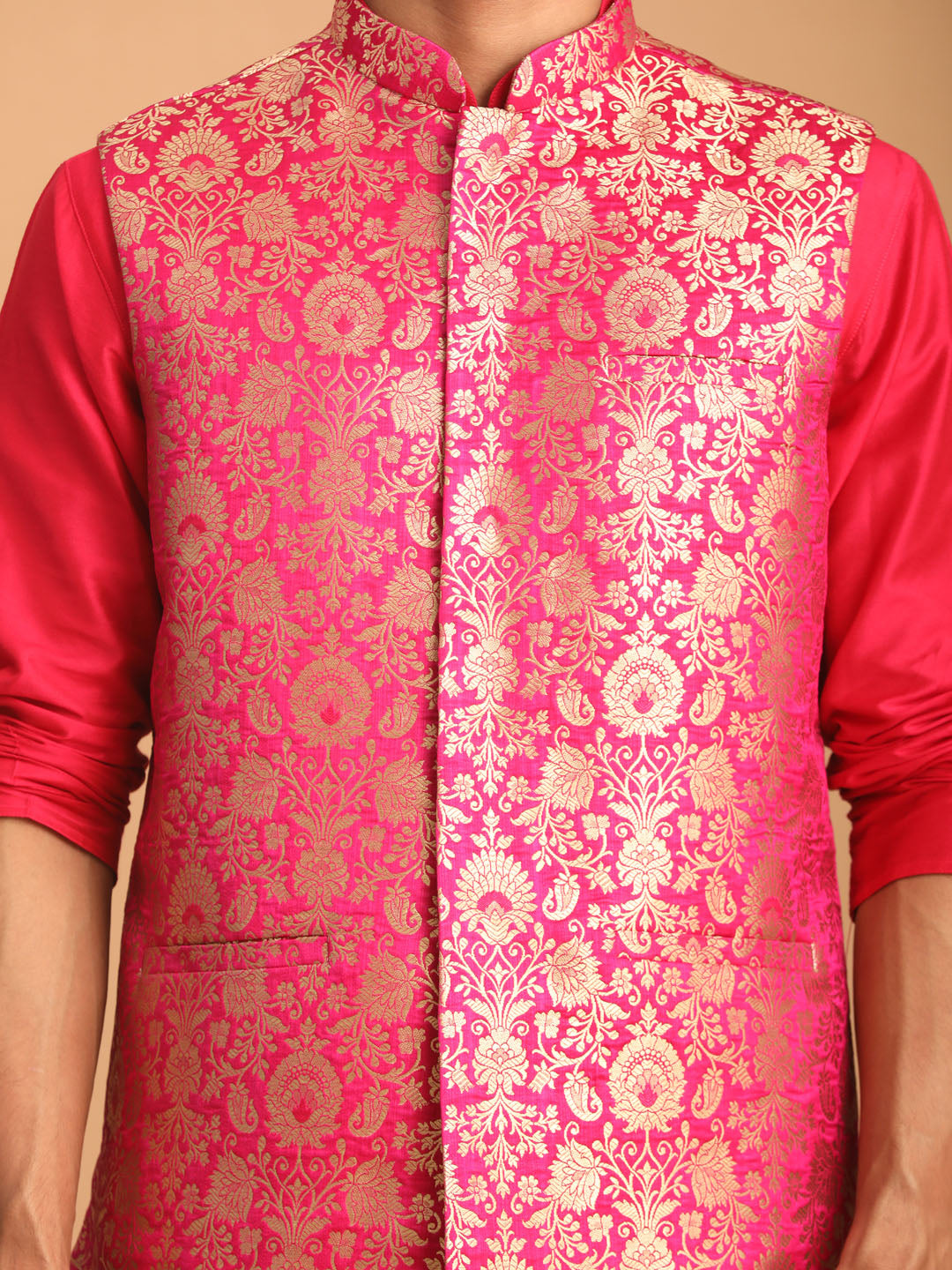 Men's Pink Viscose Jacket, Kurta and Pyjama Set