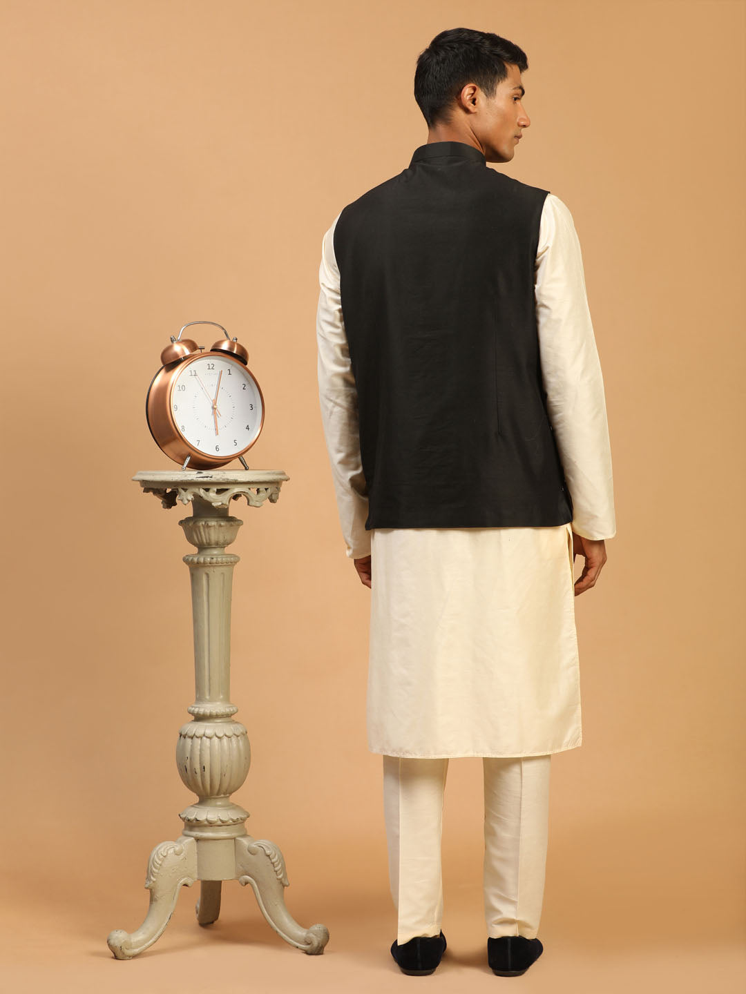 Men's Black And Cream Viscose Jacket, Kurta and Pyjama Set