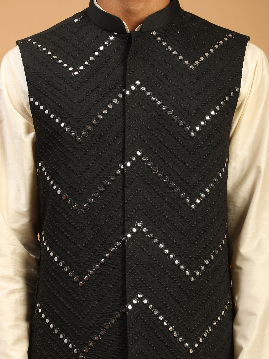 Men's Black And Cream Viscose Jacket, Kurta and Pyjama Set