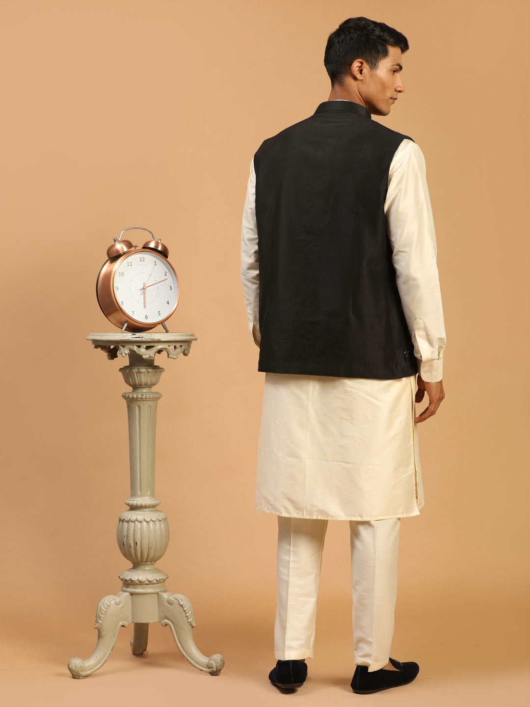 Men's Black And Cream Viscose Jacket, Kurta and Pyjama Set