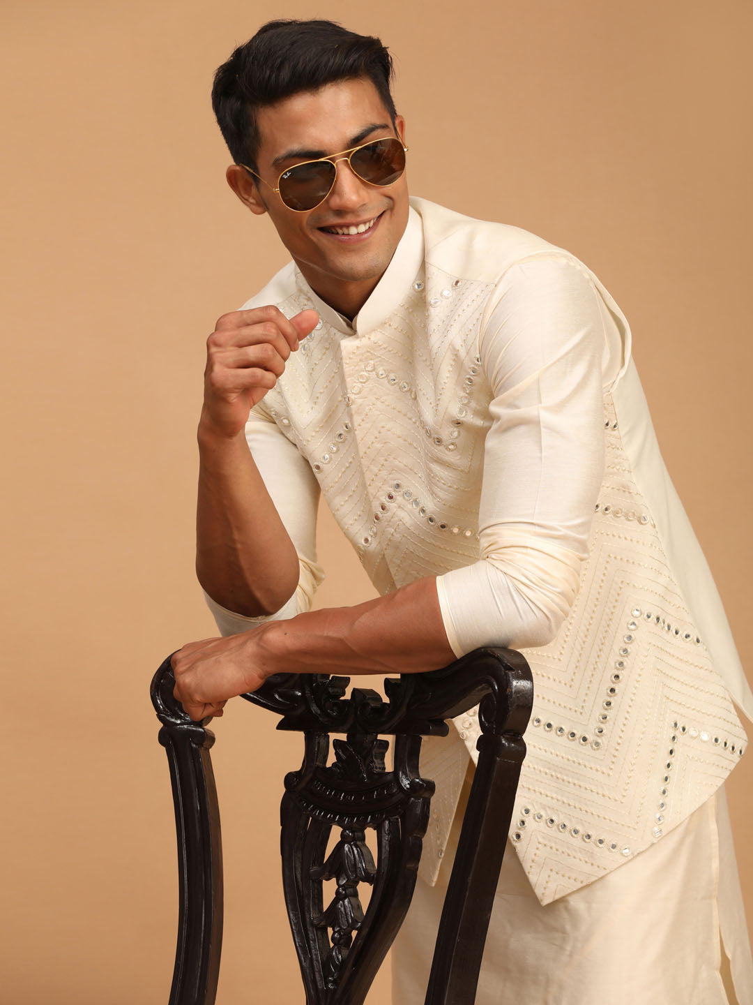 Men's Cream Viscose Jacket, Kurta and Pyjama Set