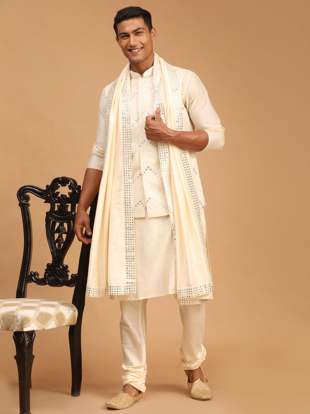 Men's Cream Viscose Jacket, Kurta and Pyjama Set