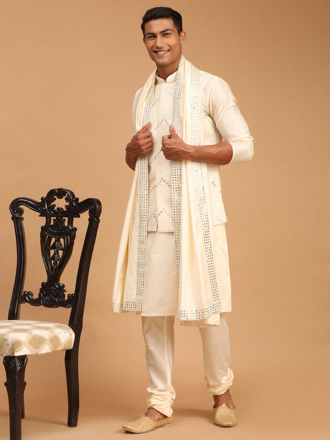 Men's Cream Viscose Jacket, Kurta and Pyjama Set