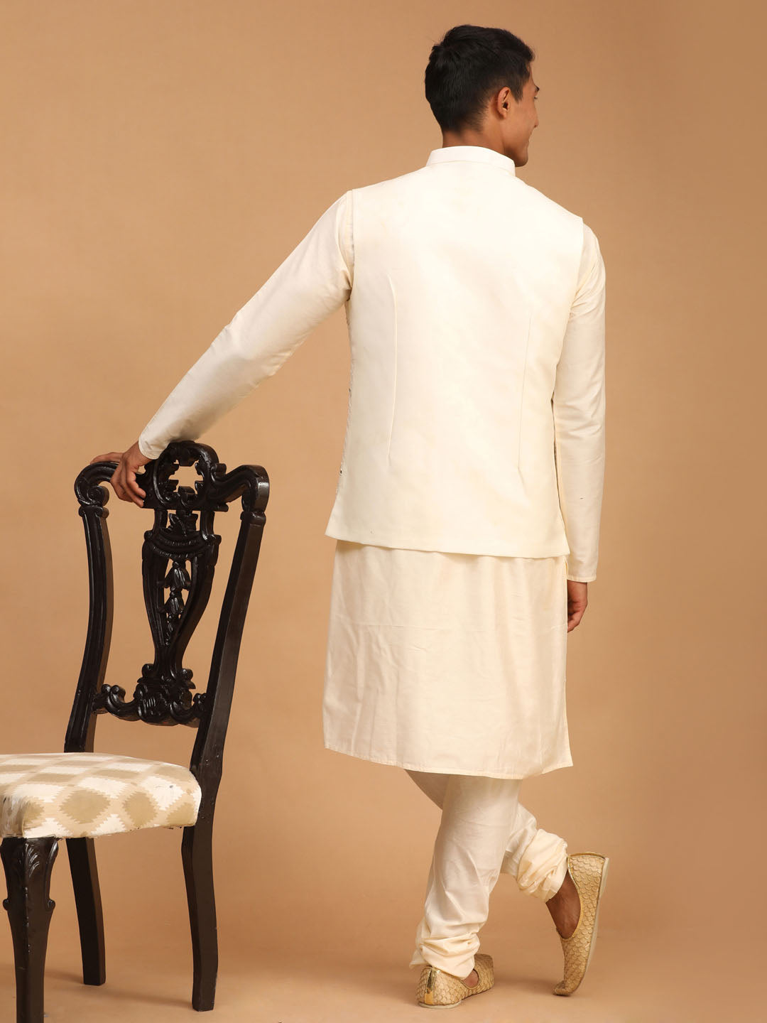 Men's Cream Viscose Jacket, Kurta and Pyjama Set