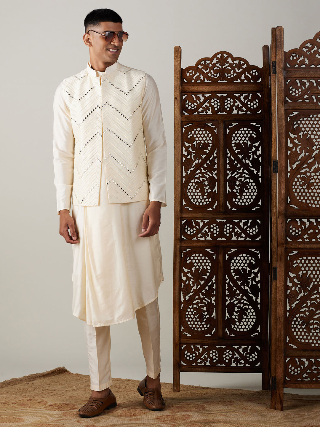 Men's Cream Viscose Jacket, Kurta and Pyjama Set