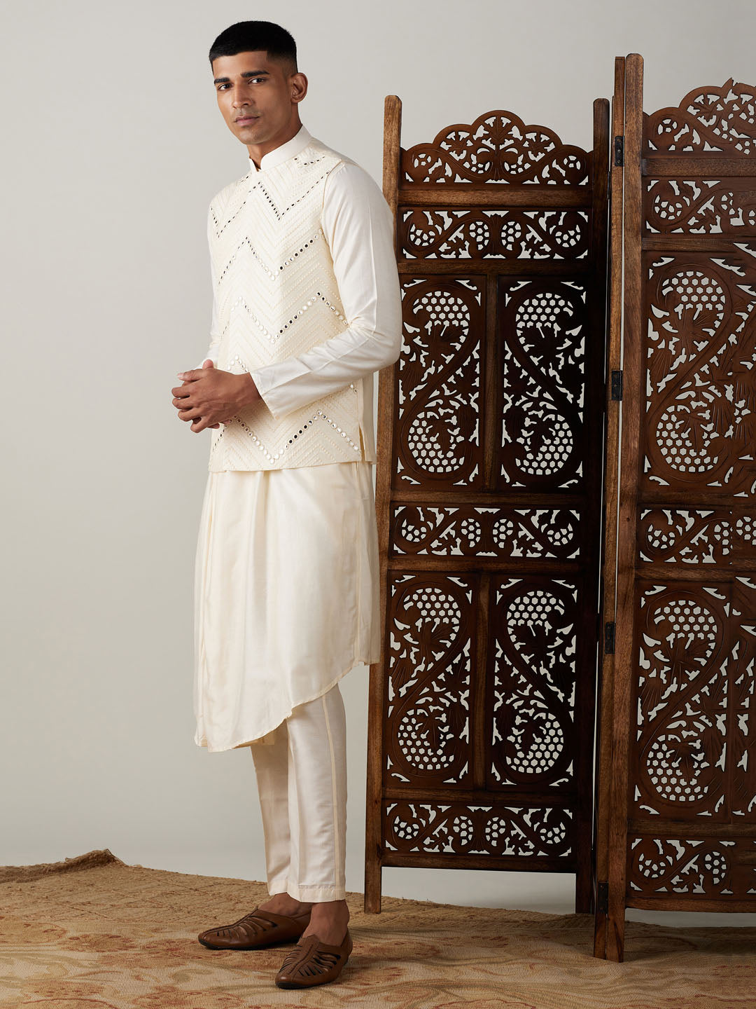 Men's Cream Viscose Jacket, Kurta and Pyjama Set