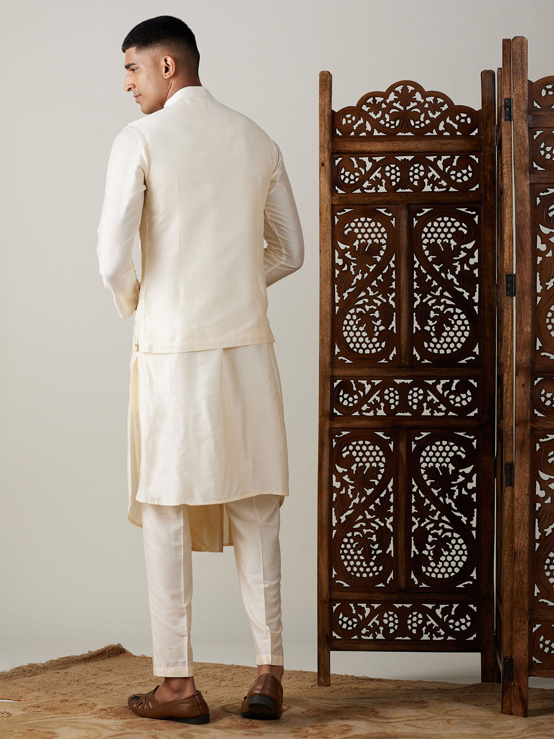 Men's Cream Viscose Jacket, Kurta and Pyjama Set