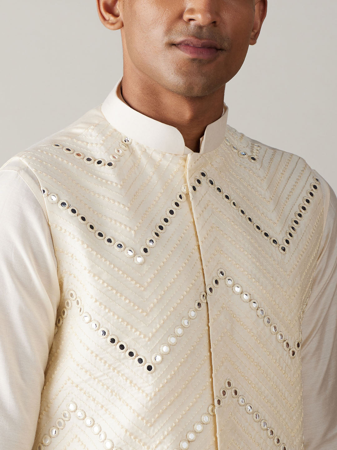 Men's Cream Viscose Jacket, Kurta and Pyjama Set