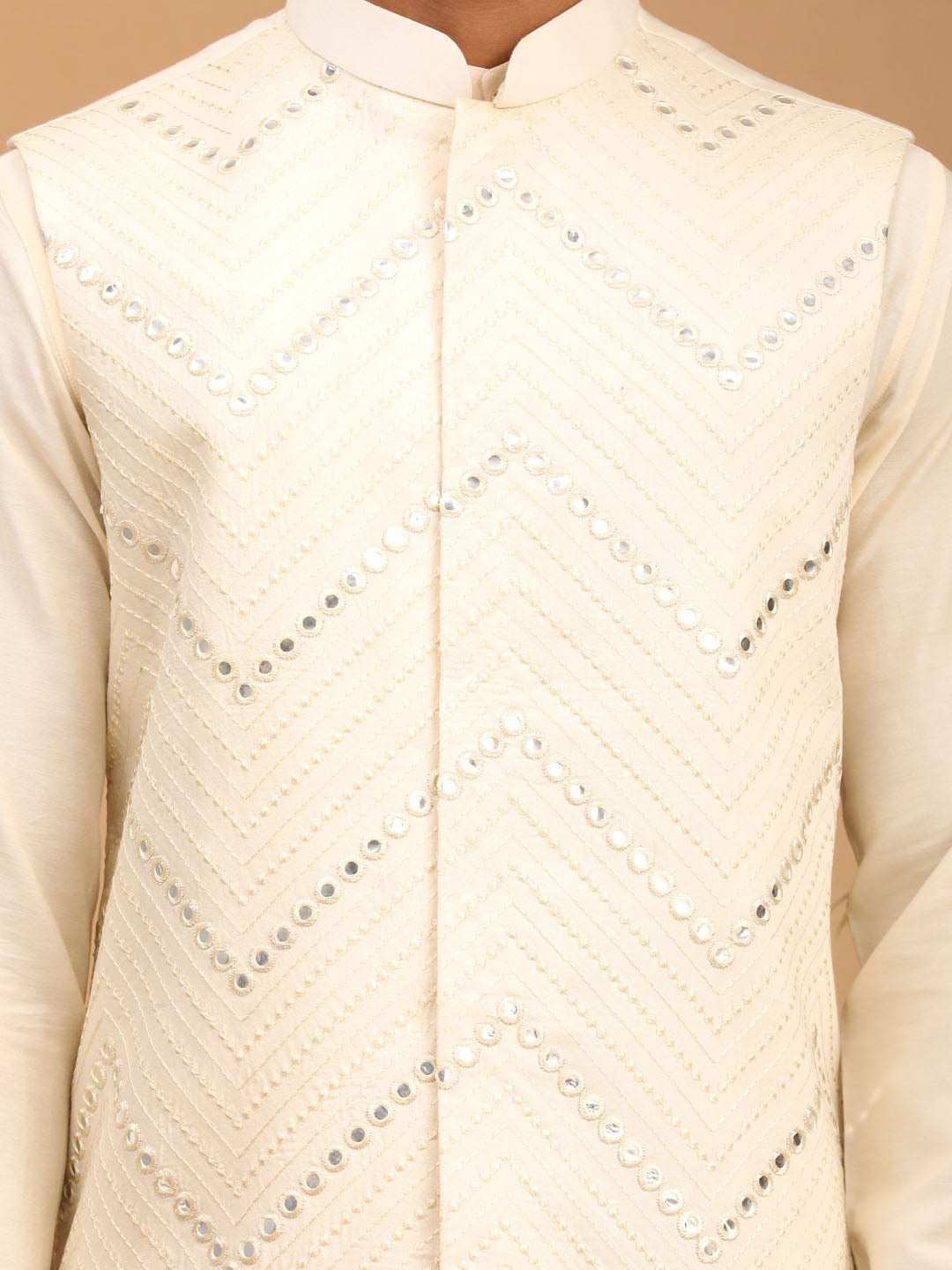 Men's Cream Viscose Jacket, Kurta and Pyjama Set