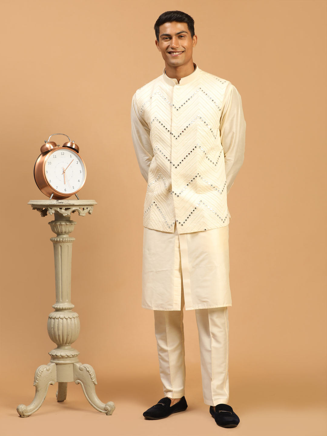 Men's Cream Viscose Jacket, Kurta and Pyjama Set