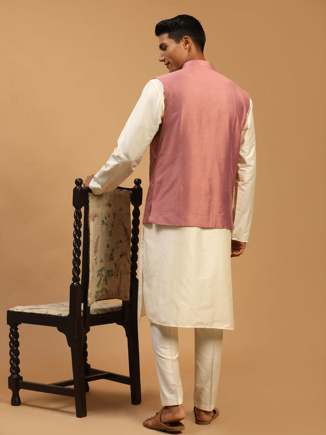 Men's Onion And Cream Viscose Jacket, Kurta and Pyjama Set