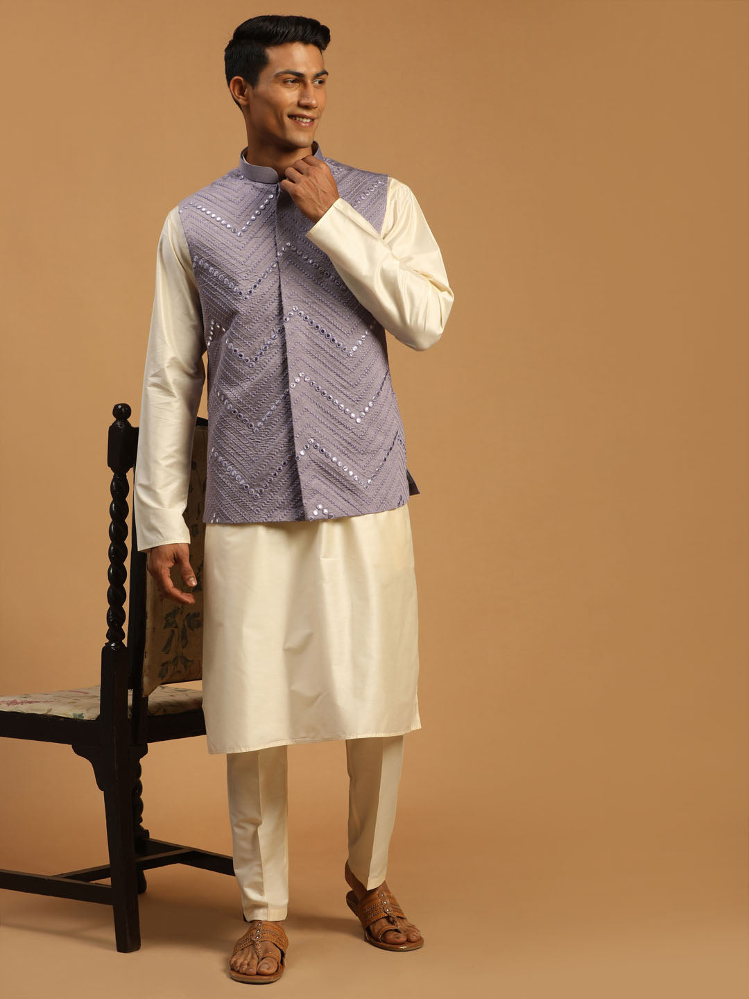 Men's Purple And Cream Viscose Jacket, Kurta and Pyjama Set