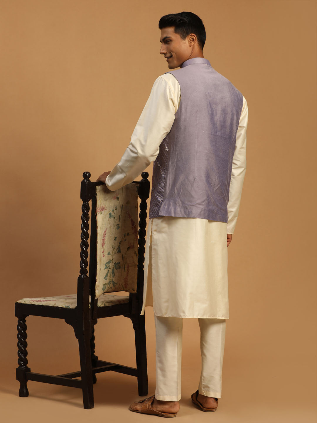 Men's Purple And Cream Viscose Jacket, Kurta and Pyjama Set