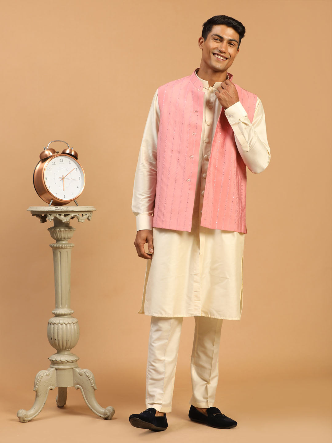 Men's Pink And Cream Cotton Blend Jacket, Kurta and Pyjama Set