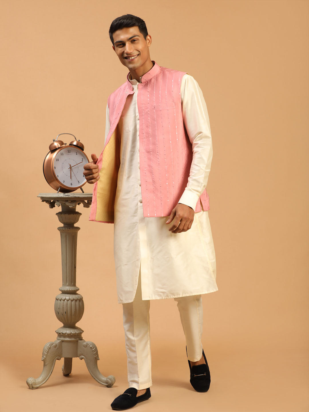 Men's Pink And Cream Cotton Blend Jacket, Kurta and Pyjama Set